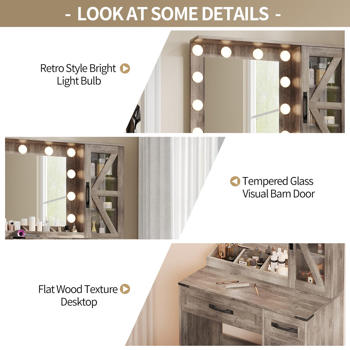 NEDYO Vanity with Mirror and Lights, Farmhouse Vanity Desk, Makeup Vanity Table Set, Small Wood Vanity with Chair, Vintage Large Light Bulbs Dimmable Mirror, Shelves and Drawers. Oak NEDYO