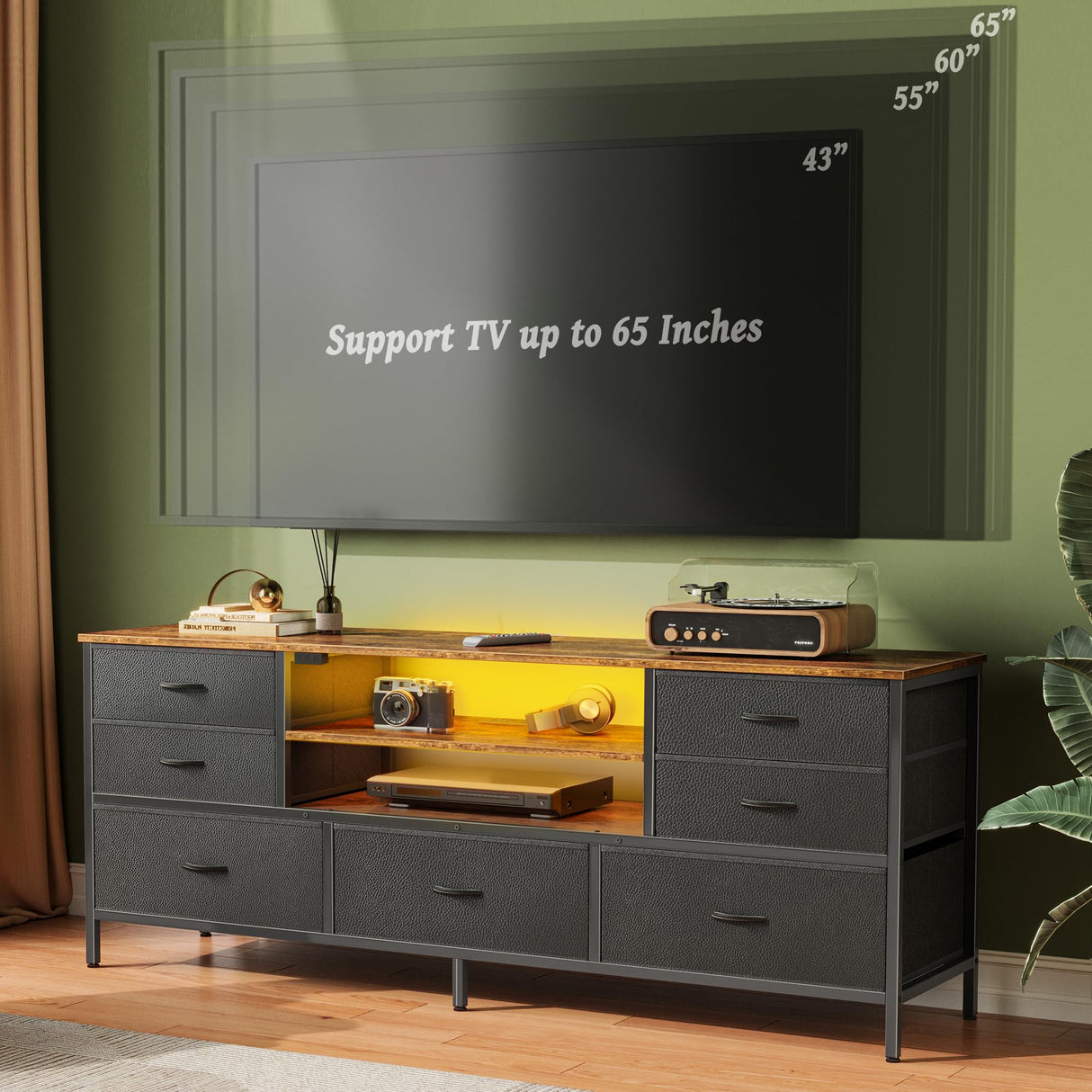 Huuger TV Stand Dresser with Power Outlets and LED Lights, 7 Drawers Entertainment Center for 60 Inch TV, TV Console with Open Shelf, 55 Inches Wide Fabric Dresser, PU Leather, Rustic Brown and Black Huuger