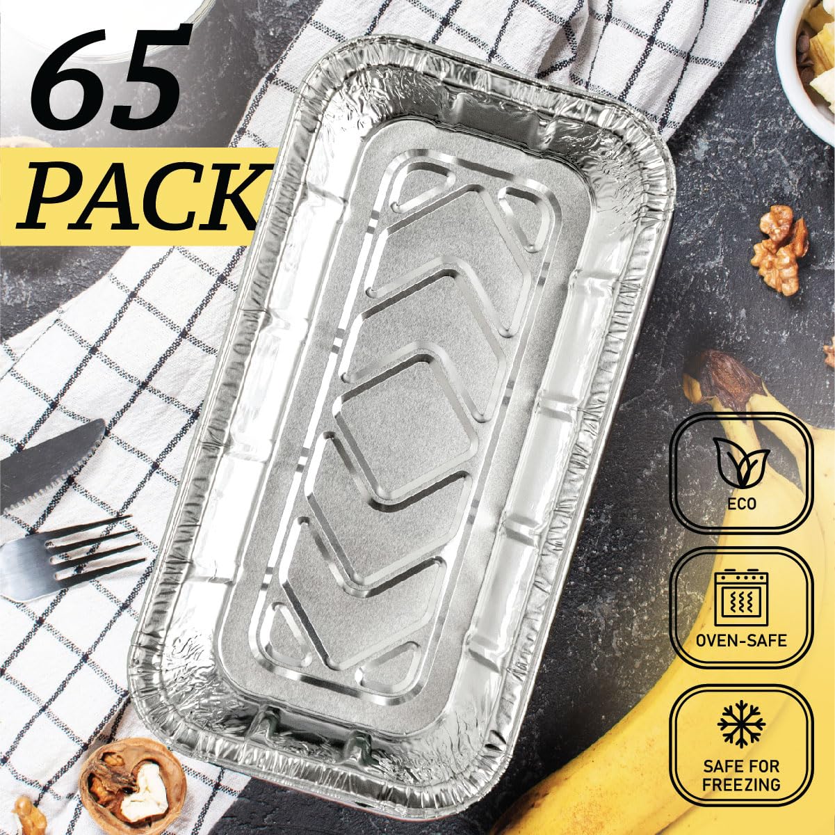 Spare Essentials 2Lb Foil Bread Pans for Baking (65 Pack) Disposable Bread Pans - Perfect for Baking Banana Bread, Cakes & Meatloaf - 2 Pound Aluminum Pans for Food Serving - 8.5" X 4.5" X 2.5" Spare Essentials