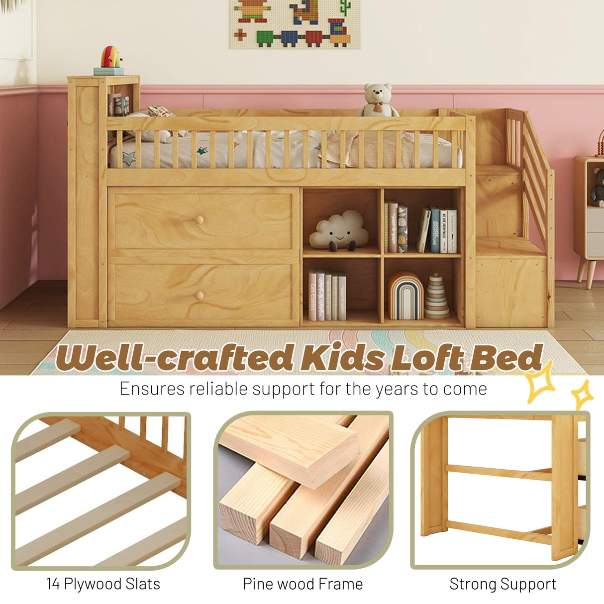 Low Loft Bed with LED Lights and Bookshelf, Wooden Kids Loft Bed with Stairs and Safety Guardrail, Low Loft Bed Twin with 2 Storage Drawers and Shelves for Girls Boys,No Box Spring Needed, Natural Mirightone