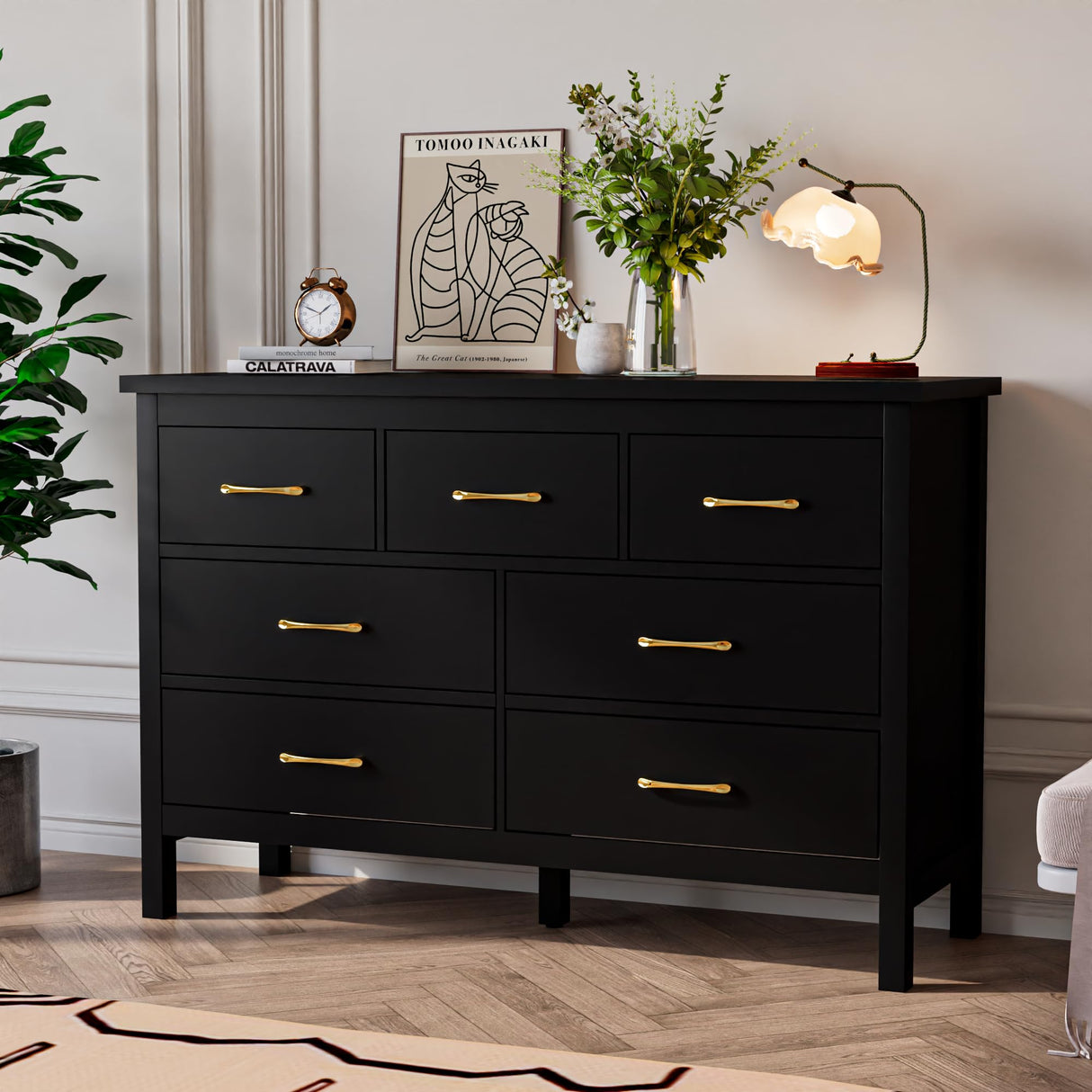 Tradare Black Dresser for Bedroom, 7 Drawer Wood Double Dresser with Golden Handles, Wide Chest of Organizer Storage Drawers for Living Room, Hallway, Entryway Tradare