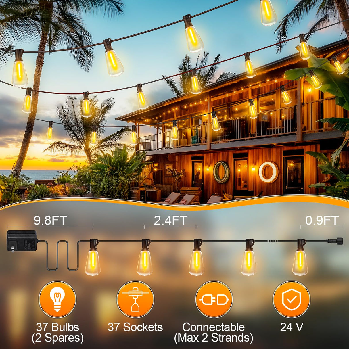 Outdoor String Led Patio Lights - 100Ft 30M Outside Waterproof Light With Remote Dimmable ST38 Shatterproof Bulb Connectable Hanging Outdoor Electric Lighting For Backyard Yard Gazebo Porch Party MGVIH