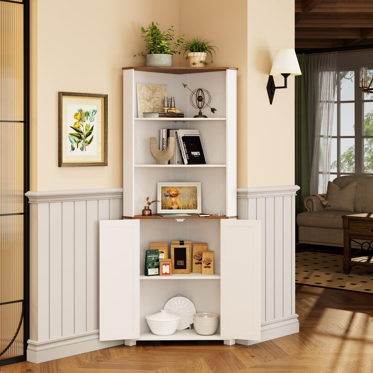 FREDEES Antique White Tall Corner Cabinet with LED Light - Rustic Farmhouse Storage Solution FREDEES