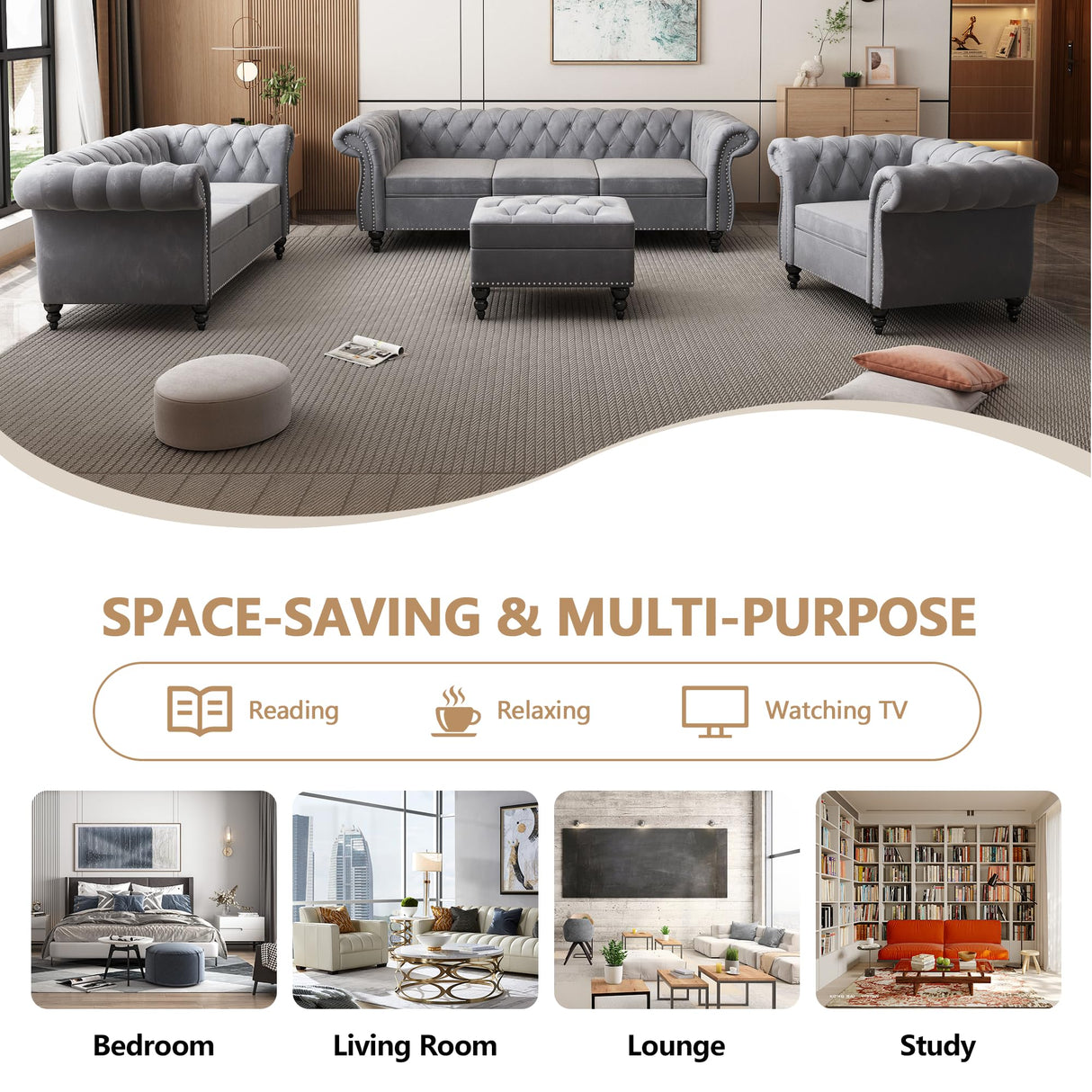 QHITTY 3 Piece Living Room Set, Sectional Chesterfield Sofa Chair Contemporary Upholstered Velvet Loveseat Couch Sets for Living Room, Bedroom, Office QHITTY