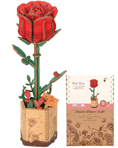 Wowood 3D Flower Wooden Puzzles for Adults-Red Rose, DIY Wooden Flowers Model Kit Building Set Crafts for Adults to Build, Botanical Collection/Ideal Creative Gift Ideas/Housewarming (106PCS)
