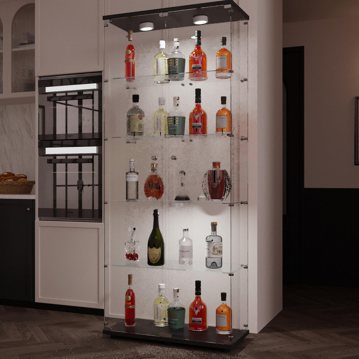 74.8" Tall Glass Display Cabinet with LED Lights, Curio Glass Cabinet with 5 Shelves with 2 Door, Quick-Install Style Floor Standing Bookshelf File Cabinet for Home Office Kootlena