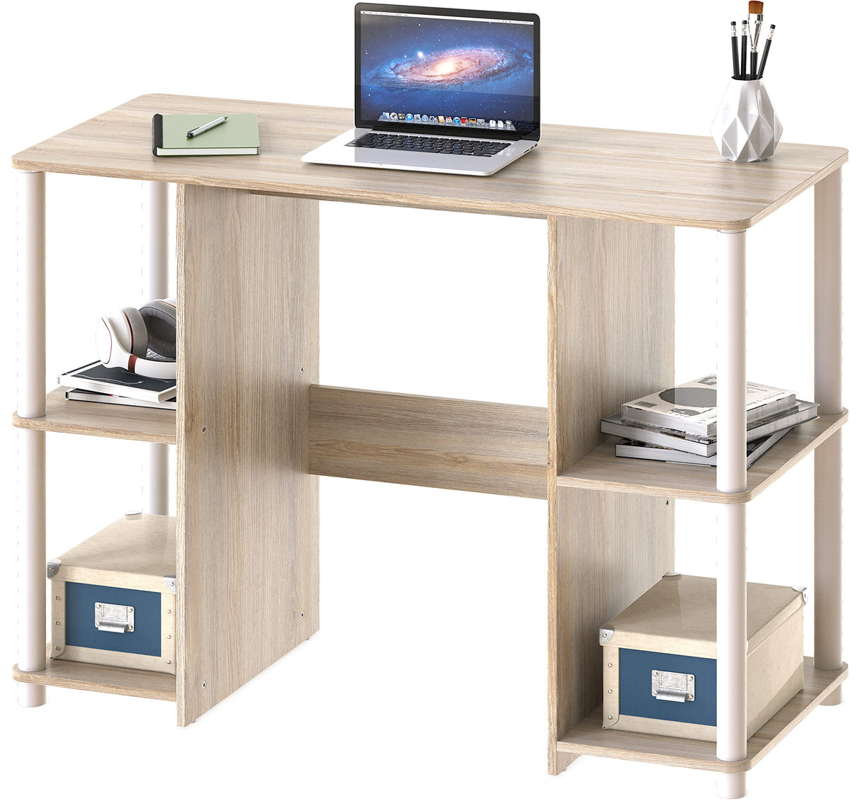 SHW Home Office Wood Desk with Double Sided Shelves, Oak SHW