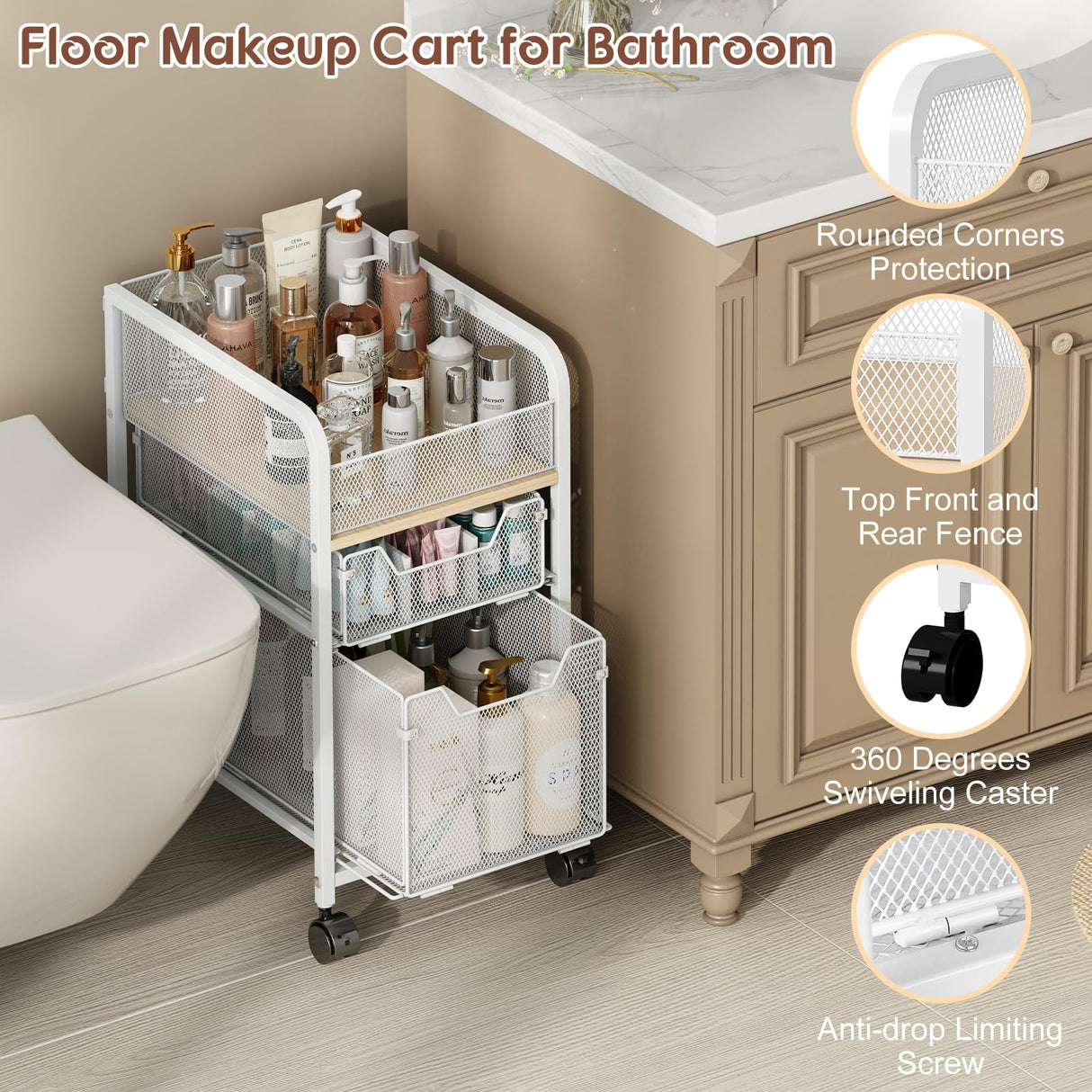 Hongtamoya Rolling Makeup Cart Organizer with 2 Drawers, Narrow Floor Skincare Organizers, Vanity Organizer Cosmetics Display Cases Holder for Skin Care Nail Polish Perfume Makeup Brush, White Hongtamoya