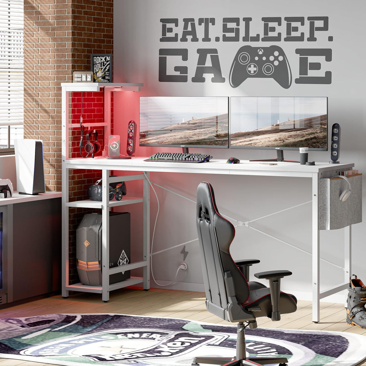 Bestier Gaming Desk with Power Outlets, 61 Inch Large Led Gamer Desk with 4 Tiers Reversible Shelves, PC Gaming Table with Headset Hook & Side Storage Bag for Bedroom (White 3D Carbon Fiber) Bestier