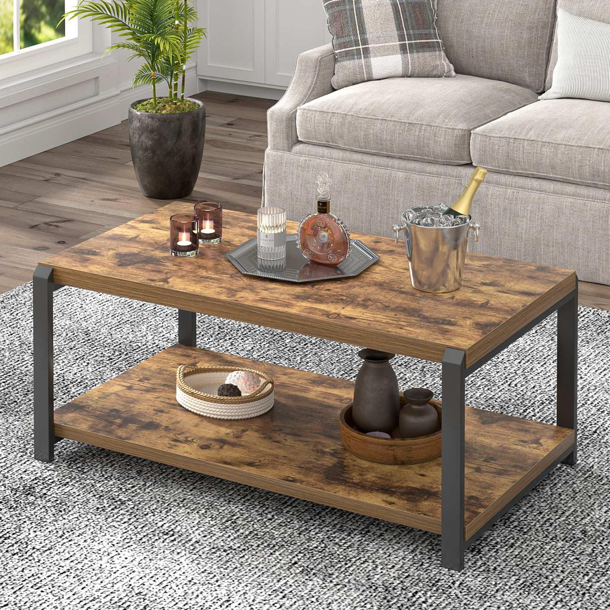 EXCEFUR Modern Coffee Table, Industrial Wood and Metal Center Table, Cocktail Tea Tables for Living Room, Rustic Brown EXCEFUR