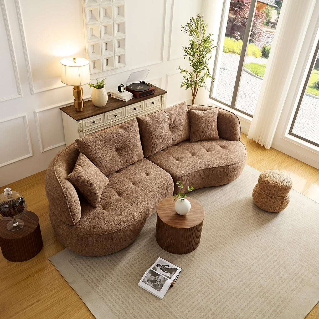 HAMORESPACE 109‘’ Luxurious Curved Sectional Sofa, Multiple Seating Positions,Modern and Stylish, Fabric Upholstery Couch for with Pillows for Living Room Office,Apartment (109, Camel) HAMORESPACE