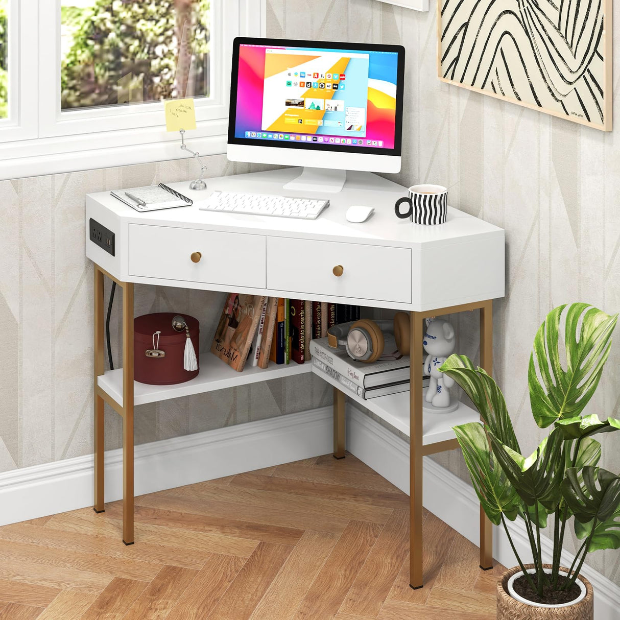 Tangkula White Corner Desk with 2 Drawers & Built-in Charging Station, 90 Degrees Triangle Corner Computer Desk for Small Space, Bedroom Makeup Vanity Desk with Storage Shelves, Corner Writing Desk Tangkula