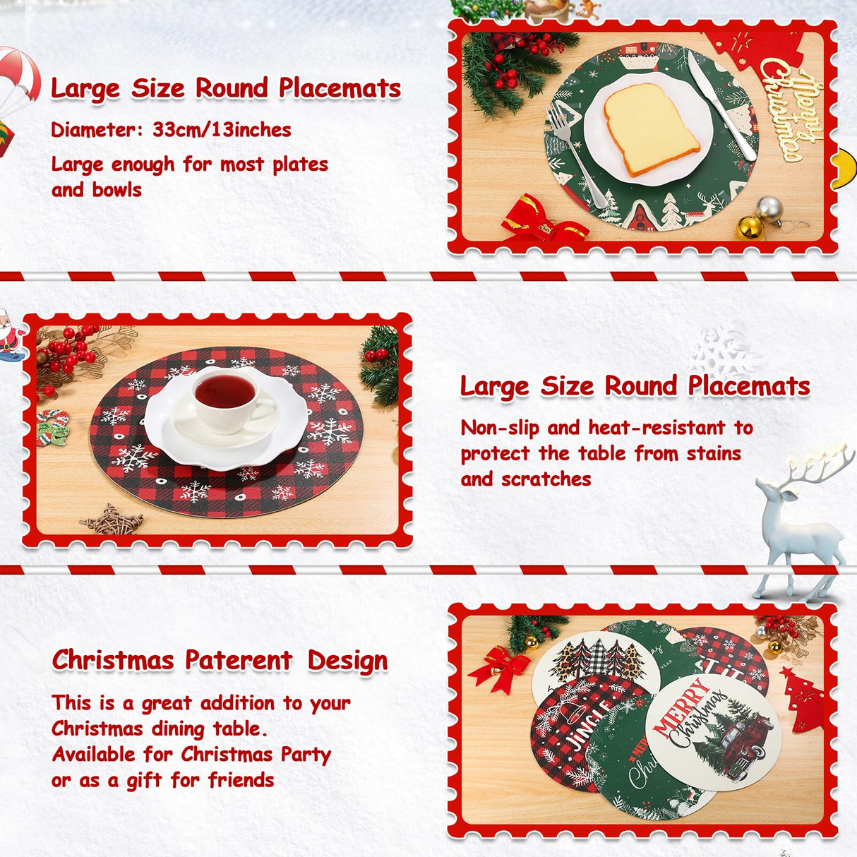 Christmas Placemats Set of 6 Faux Leather Washable Dining Table Mats 13Inch Round Heat Resistant Wipeable Waterproof Placemats for Holiday Parties Dinner Home Kitchen Decor Winter Truck Xmas Tree Mats Lucomb