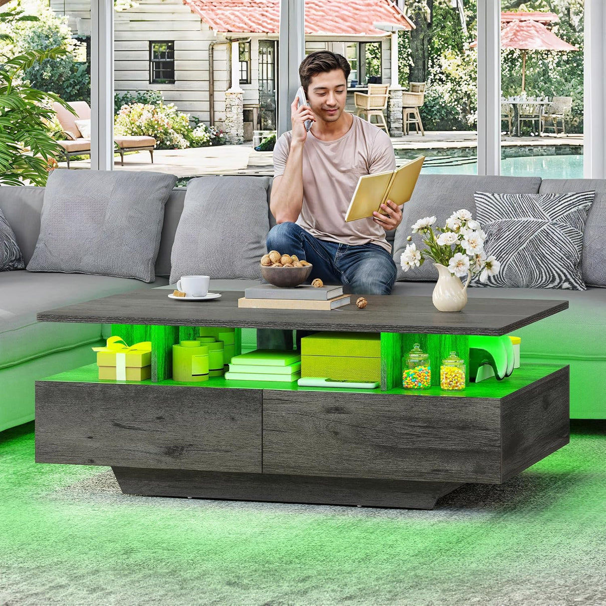 YITAHOME LED Coffee Tables for Living Room, Farmhouse Coffee Table with Storage 4 Drawers and Open Compartment, Modern Rectangle Coffee Tables Small Wood Tables for Home Decor, Office, Grey YITAHOME