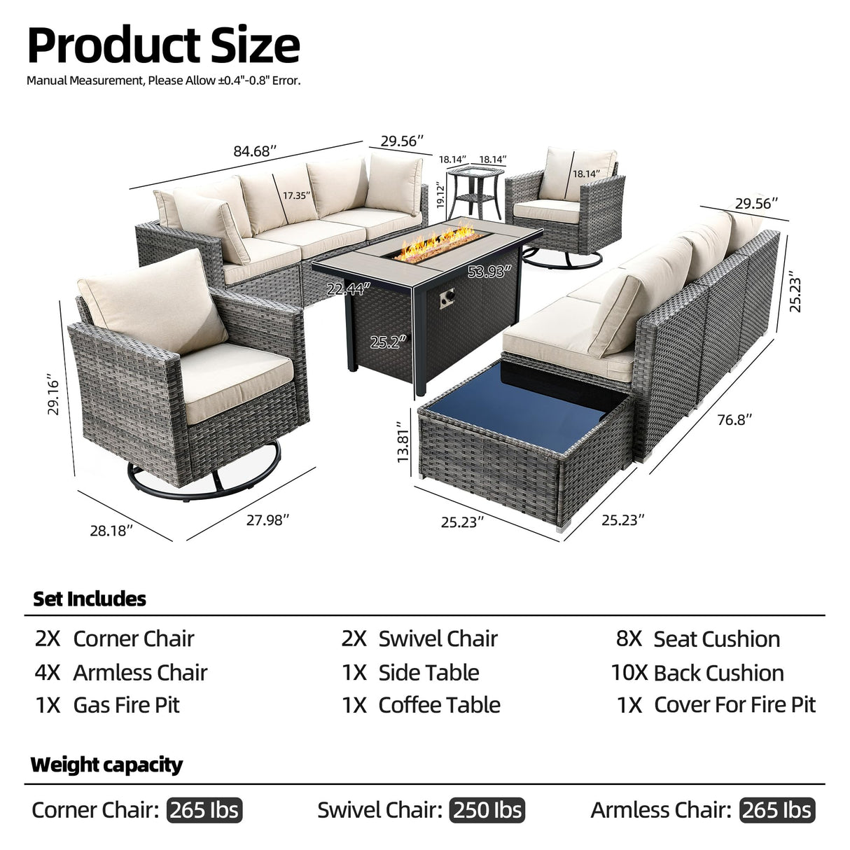 CAODOC 11 Piece Outdoor Patio Furniture Set with 53" Fire Pit Table, Wicker Sectional Conversation Set Whit Swivel Chairs,Modern Outside Sofa for Balcony Backyard(Beige) CAODOC