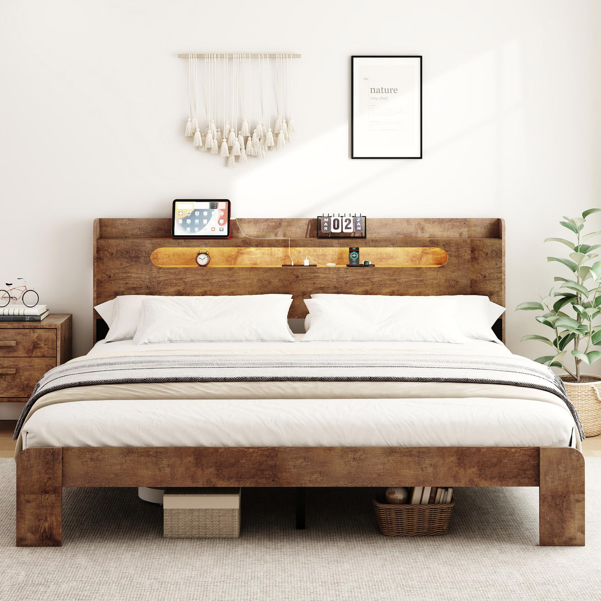 Decoholic King Size Wooden Bed Frame, Storage Headboard with Charging Station & Led Lights, Solid and Stable, Noise Free,Rustic Farmhouse Sturdy Framework Wood Bedframe, Easy Assembly Decoholic