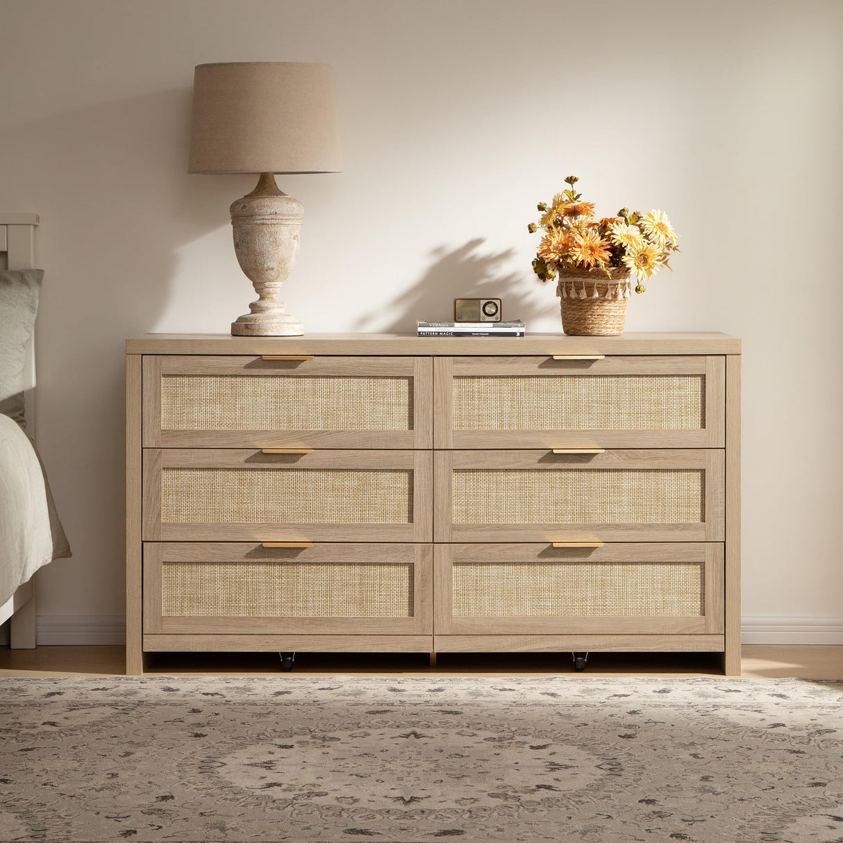 SICOTAS Rattan Dresser for Bedroom, 57" Wide 6 Drawer Dresser with Ample Storage, Dressers Large Chest of Drawers, Closet, Boho TV Stand for Bedroom (Reclaimed Light Oak, 1 Piece) SICOTAS