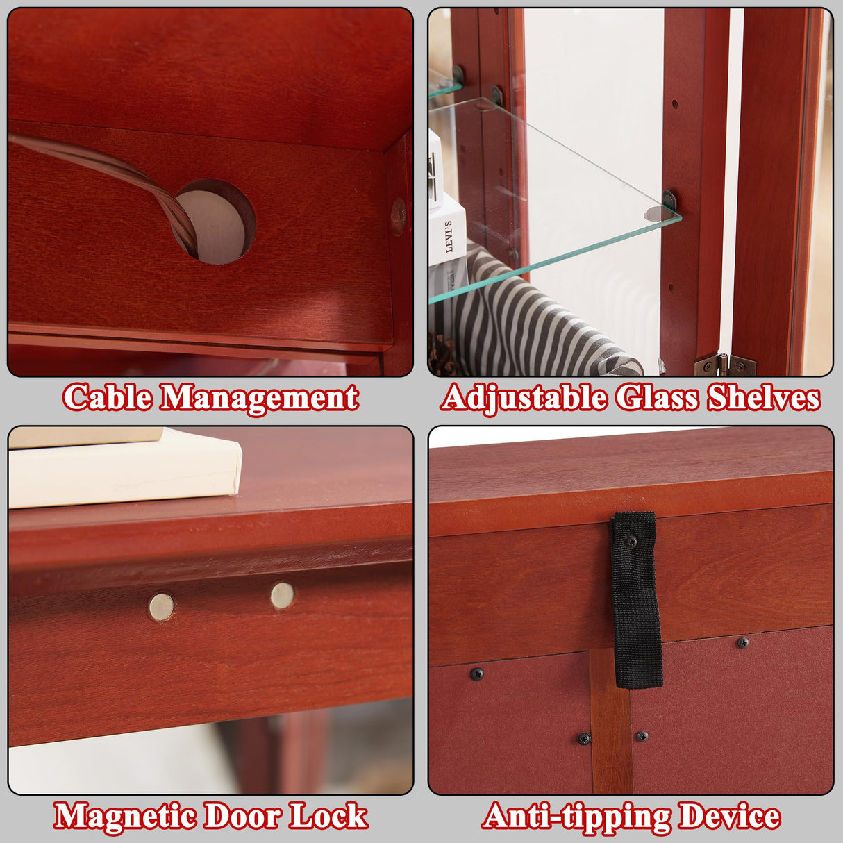 TRJQBCC 49" H Lighted Curio Display Cabinet with 2 Glass Doors & 1 Drawer, Wooden Curio Showcase w/Adjustable Shelves & Mirrored Back Panel, Wine Storage Cabinet Display Case for Living Room (Cherry) TRJQBCC