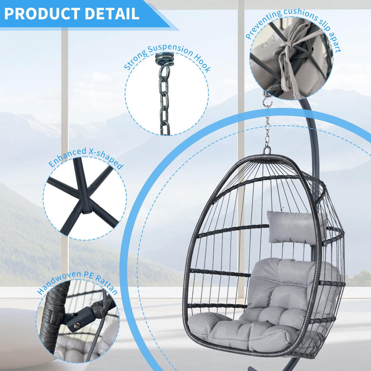 EcoTide Hanging Egg Chair with Stand, Indoor Outdoor Swing Egg Chair, Patio Wicker Rattan Hammock Egg Chairs with Cushion for Bedroom, Balcony, Garden,350LBS Capacity-Grey EcoTide