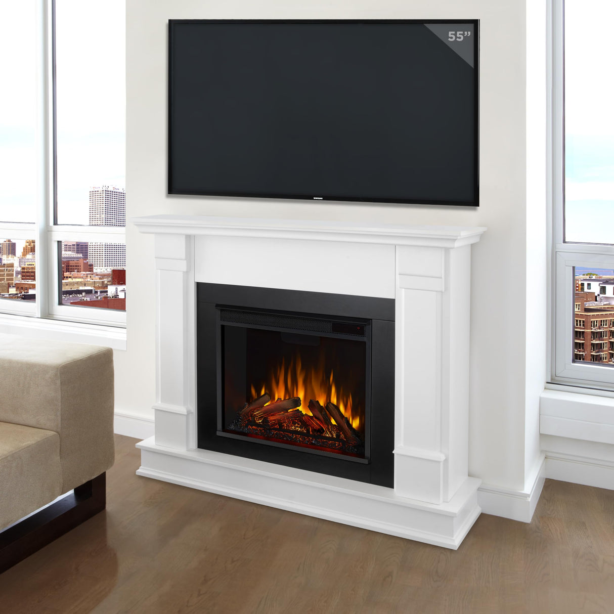 Real Flame Silverton 48” Electric Fireplace with Mantel for Living Room or Bedroom, Replaceable Fireplace Insert Heater, Realistic Log and Flame Effect, Remote Control, Timer, White Real Flame