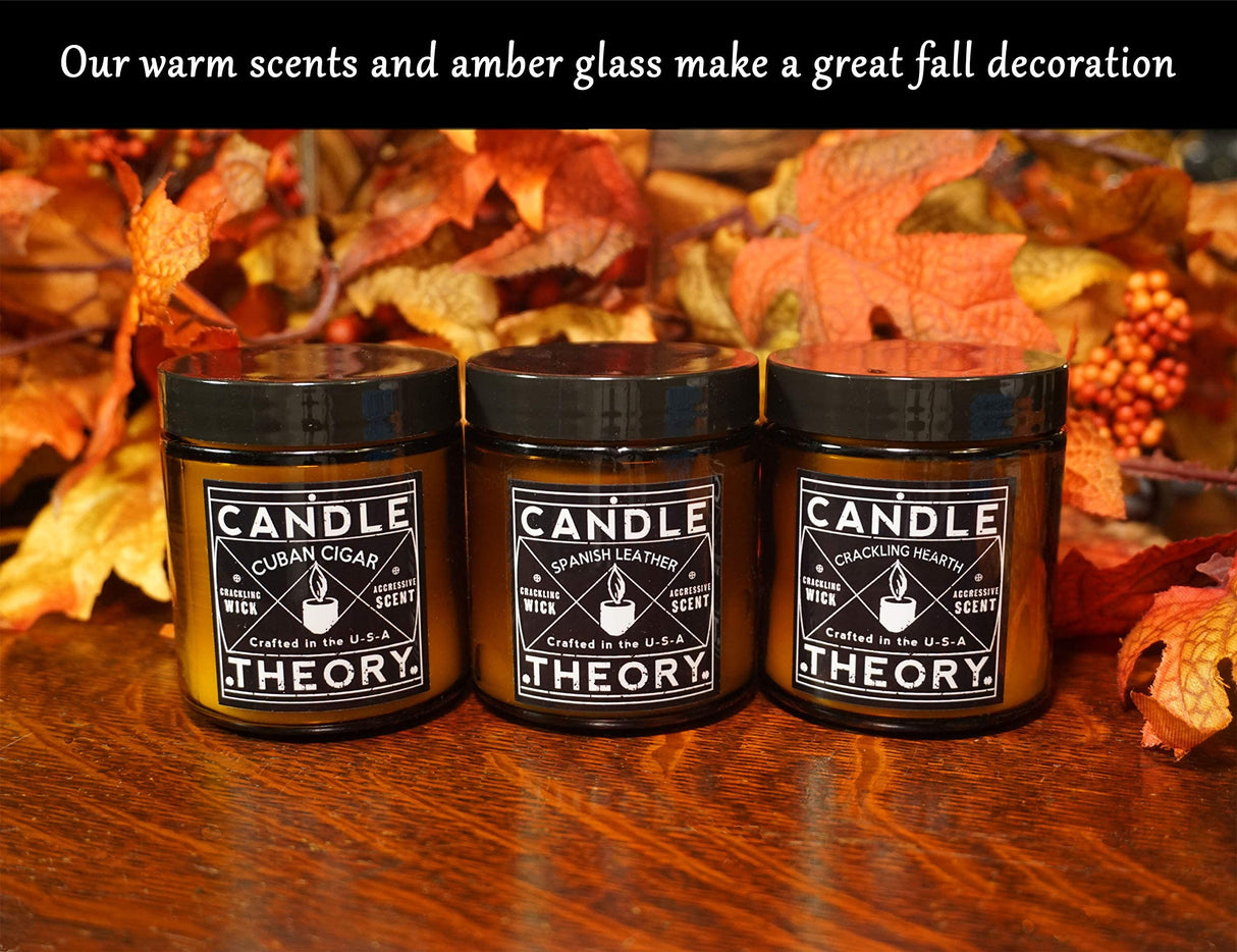 Scented Candle Gift Set of 3, 4oz Candles, Crackling Wood Wick Candled for Home, 3 Scents Cuban Cigar, Spanish Leather, Crackling Hearth, Mens Candle Bachelor Pad Decor Man Cave Decor CANDLETHEORY