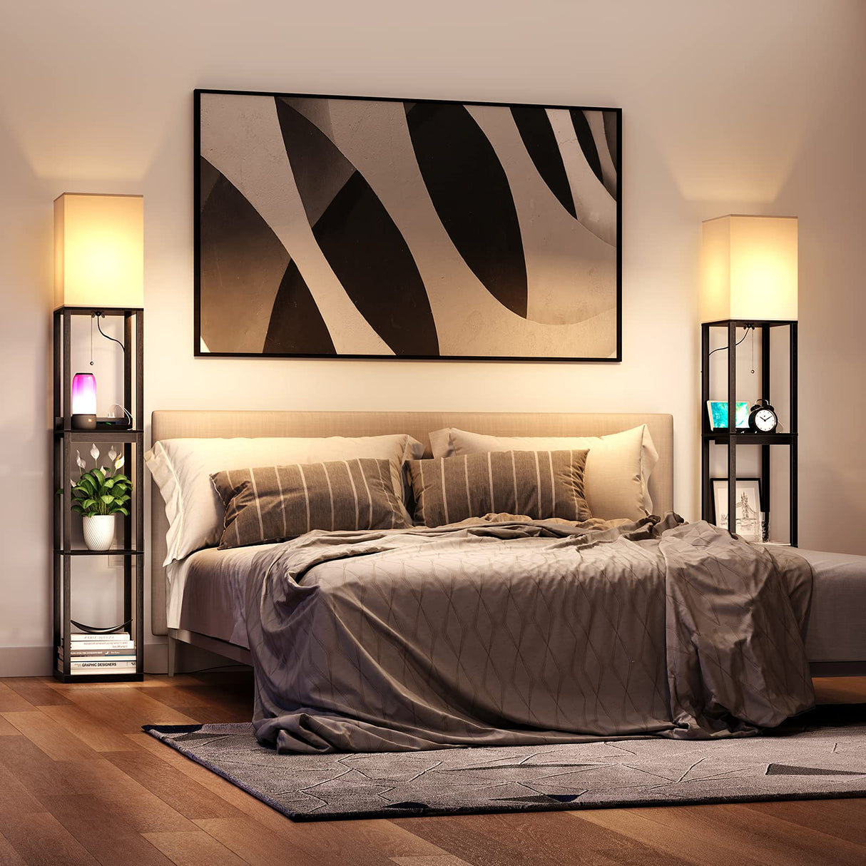 SUNMORY Floor Lamp with Shelves,Modern Dimmable Solid Wood Standing Lamp with 1 Drawer and 2 USB Ports & 2 Power Outlet,Corner Tall Bookshelf Lamp for Living Room and Bedroom(Black) SUNMORY