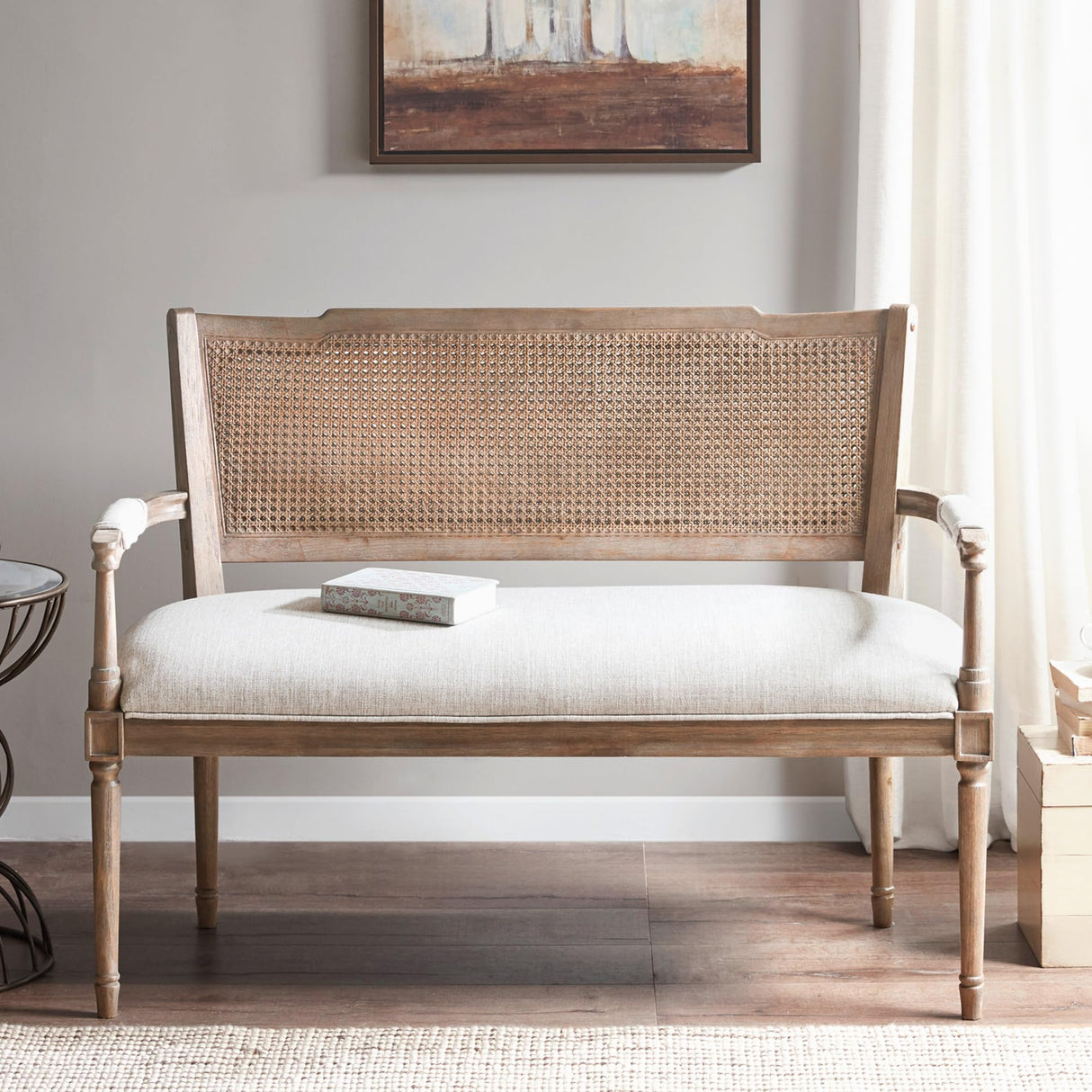 Madison Park Willshire Natural Rattan Settee, Upholstered Seat - Charming Country Design, Rustic Reclaimed Wood Finish, Ratan Insert Backrest & Padded Arm Rest, 47.25" Wide Beige/Reclaimed Natural Madison Park