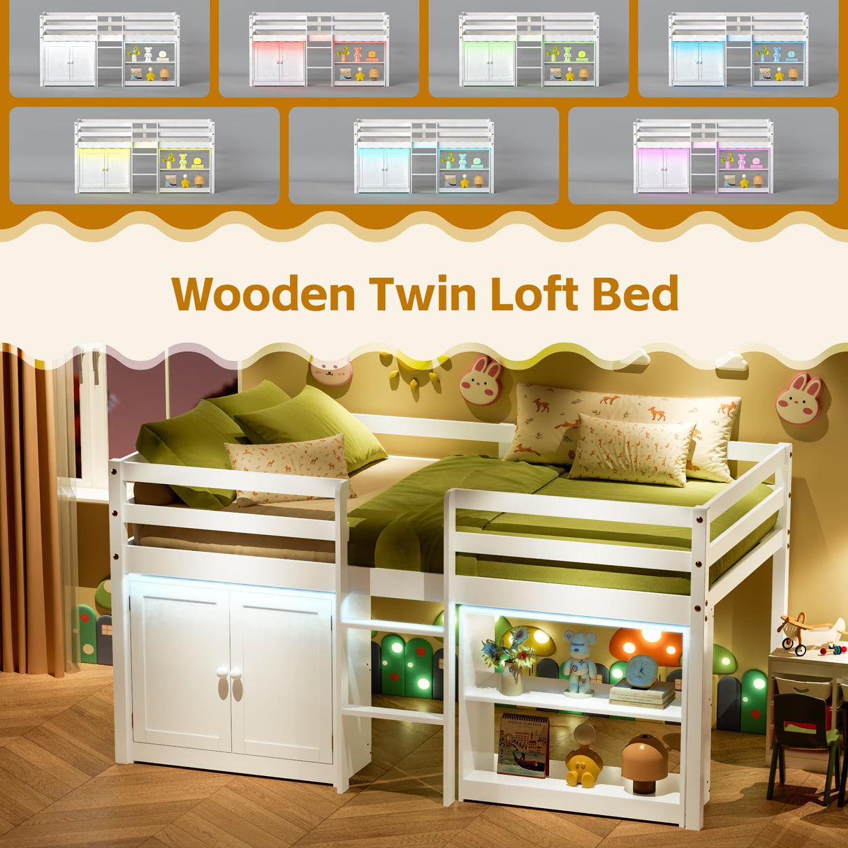 TOLEAD Kids Loft Bed, Twin Loft Bed with Lights, Toddler Loft Bed with 14" H Safety Guardrail, Low Loft Bed with Storage Bookcase and Under-Bed Play Space, Modern Low Loft Beds for Boys Girls (White) TOLEAD