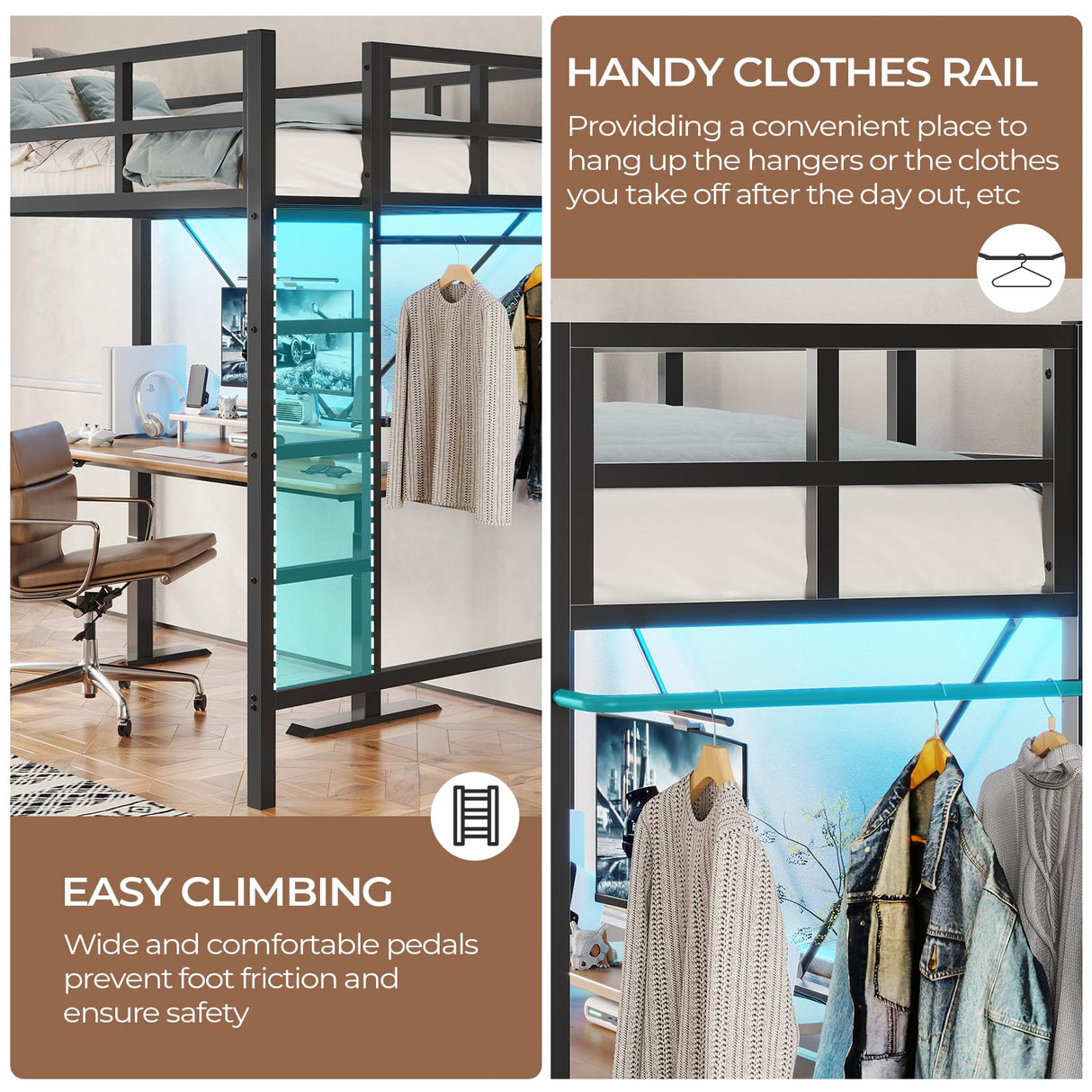 DICTAC Loft Bed Twin Size with Led Lights Metal Twin Loft Bed with Full-Length Guardrail and Ladder for Junior, Heavy Duty Metal Sltas Support,Noise-Free, Space-Saving, No Box Spring Needed, Black DICTAC