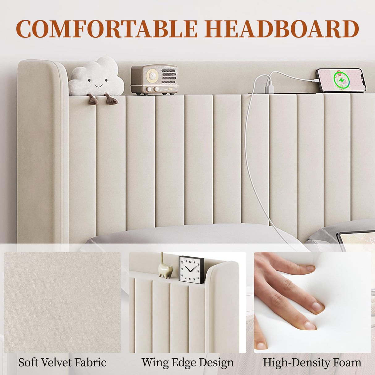 Yaheetech Queen Bed Frame with Headboard, Upholstered Headboard with Charing Station and Storage Shelf, Platform Bed Frame, No Box Spring Needed, Easy Assembly, Beige Yaheetech