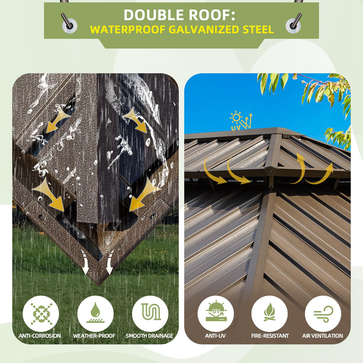 MELLCOM 12' x 18' Hardtop Gazebo,Galvanized Steel Metal Double Roof Gazebo with Curtain and Netting,Brown Permanent Pavilion Gazebo with Aluminum Frame for Patios,Gardens,Lawns MELLCOM