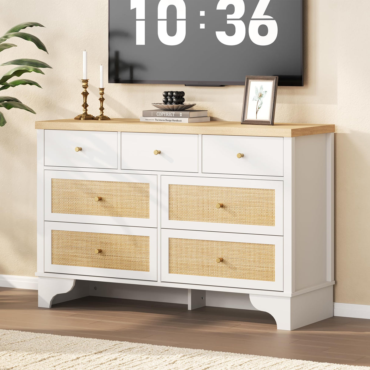 IDEALHOUSE 7 Drawer Dresser for Bedroom, 47.3" Wide Natural Rattan Chest of Drawers, Wood Boho Clothing Storage Organizer, Dresser TV Stand Cabinet for Living Room, White IDEALHOUSE