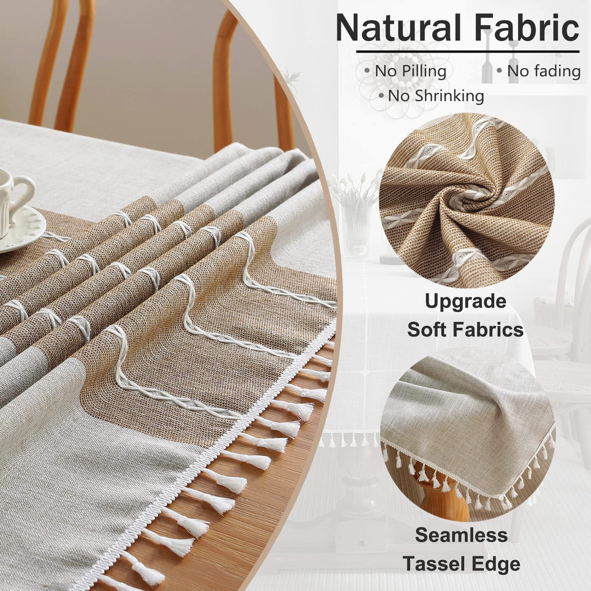 JIALE Tablecloths for Rectangle Tables, Cotton Linen Table Cloth Waterproof Tablecloth Wrinkle Free Farmhouse Dining Table Cover, Soft Fabric Table Cloths with Tassels, Brown, 55" X 70", 4-6 Seats JIALE
