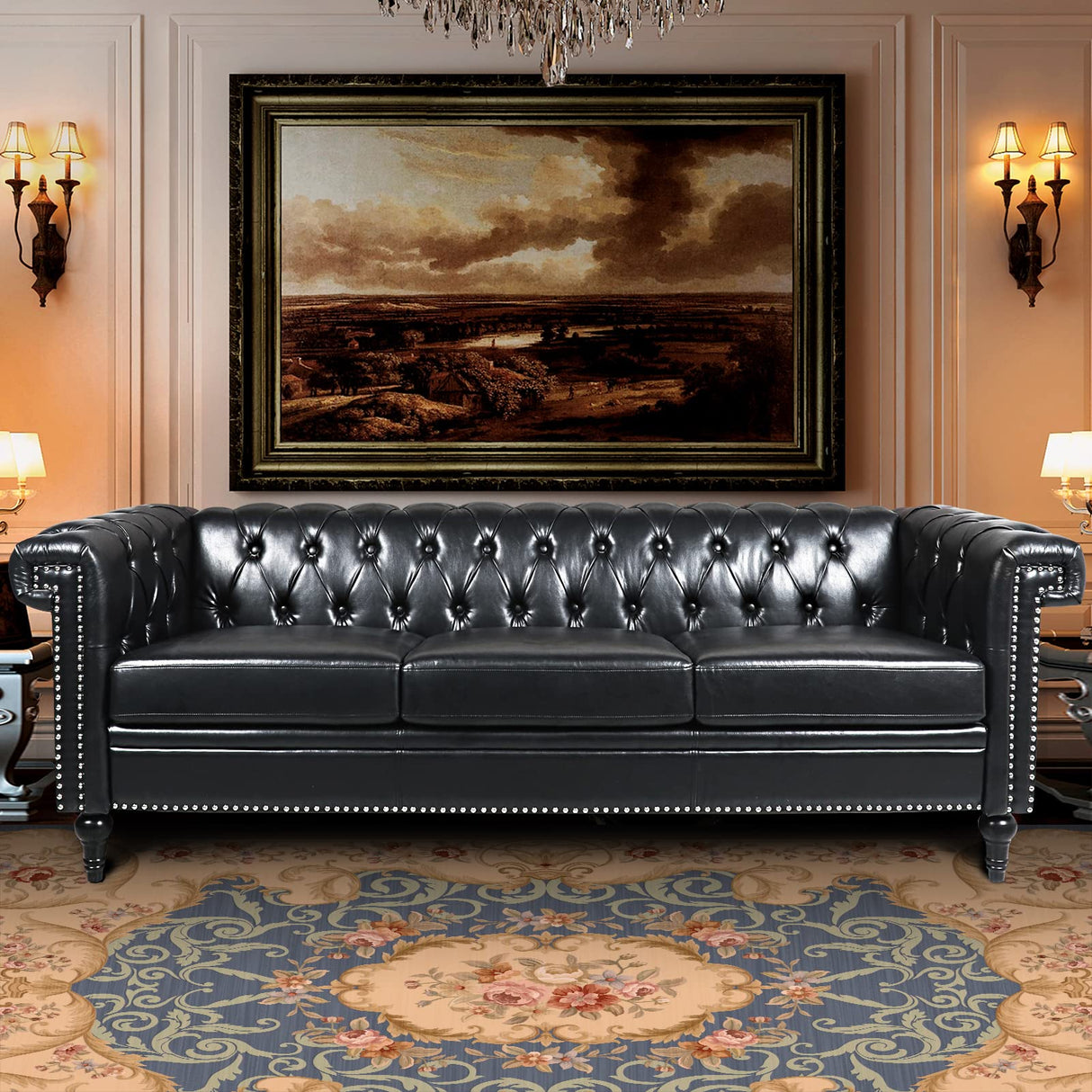 Vaztrlus Chesterfield Sofa Black Faux Leather Couches for Living Room, Deep Seat Comfy 3-Seater Oversized Couch Button Nailhead Tufted Classic Couches for Bedroom, Office Easy to Assemble Vaztrlus