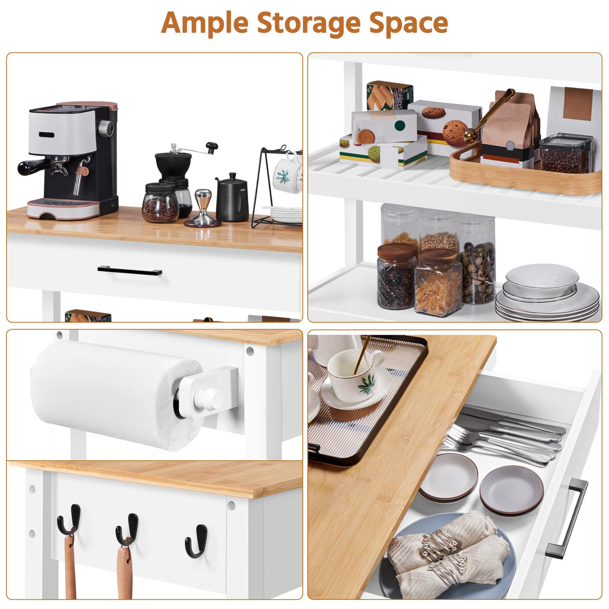 Yaheetech Kitchen Island Cart on Wheels with Bamboo Tabletop, 3-Tier Rolling Kitchen Island Microwave Cart with Drawer, Detachable Towel, 3 Hooks, 17″D × 37.5″W, White Yaheetech