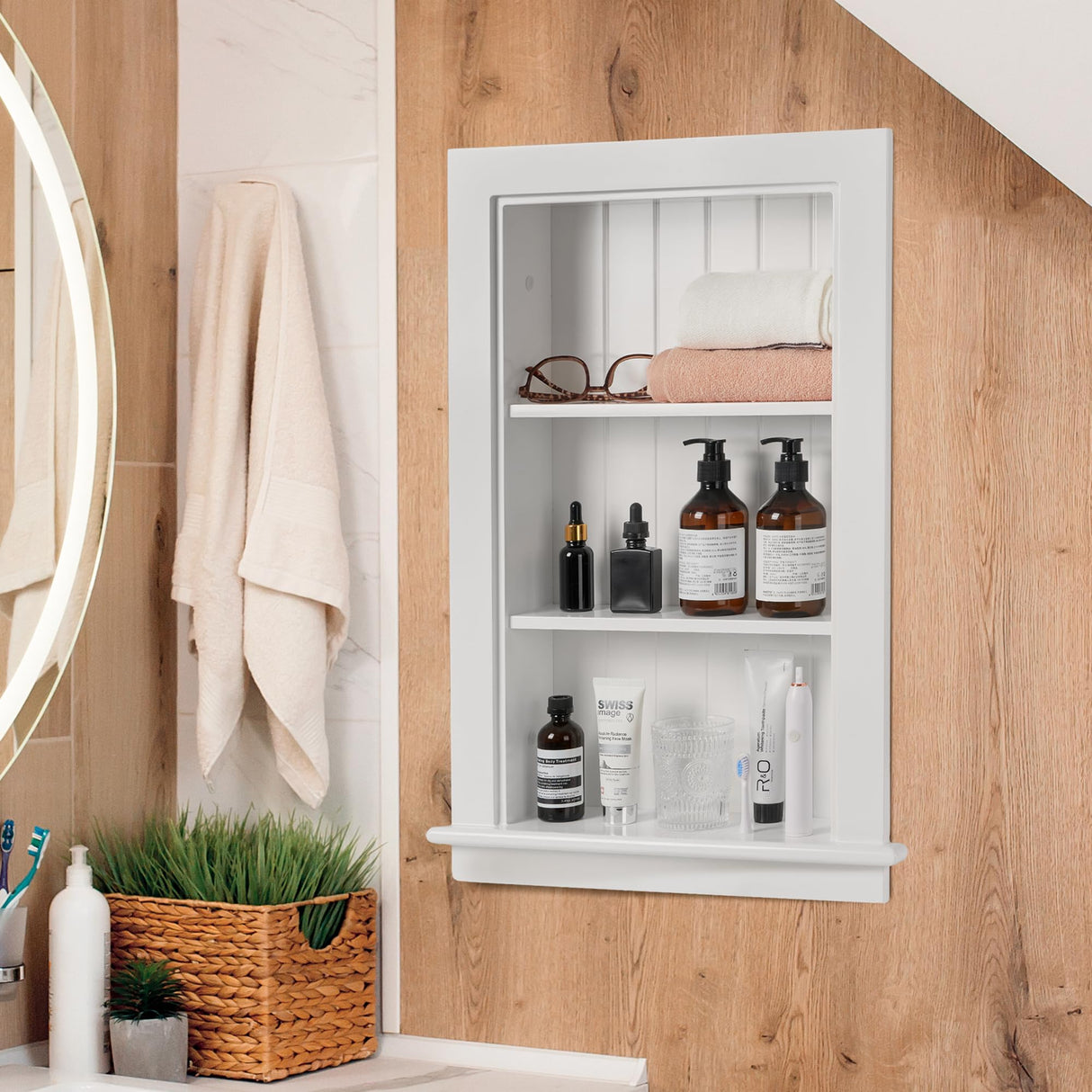 Potter-Island 14 x 24 Medicine Cabinet Recessed, Wall Niche, Bathroom Wall Cabinet, 3-Tier, Between Studs Shelving for Drywall, White Potter-Island