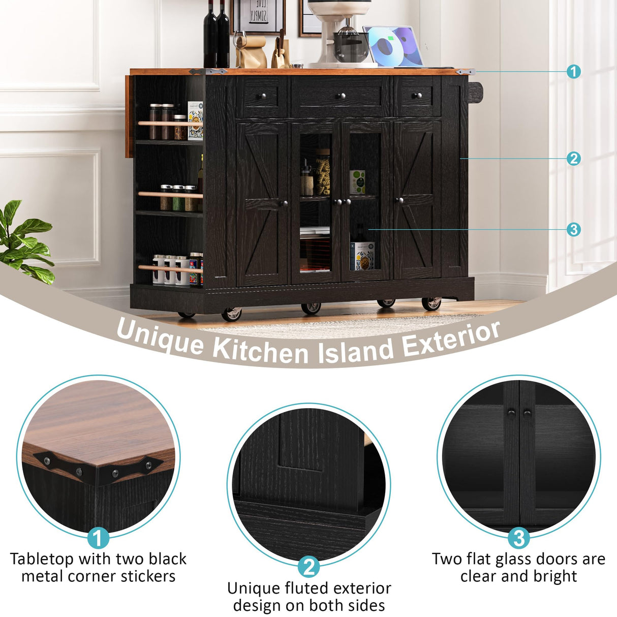 E-SHANMOHY Farmhouse Kitchen Island Cart with Drop Leaf & Charging Station,53" Rolling Island Cart on Wheels with Tempered Glass Doors Storage,Side Spice Racks,Ideal for Home Kitchen (Black-1) E-SHANHOMY