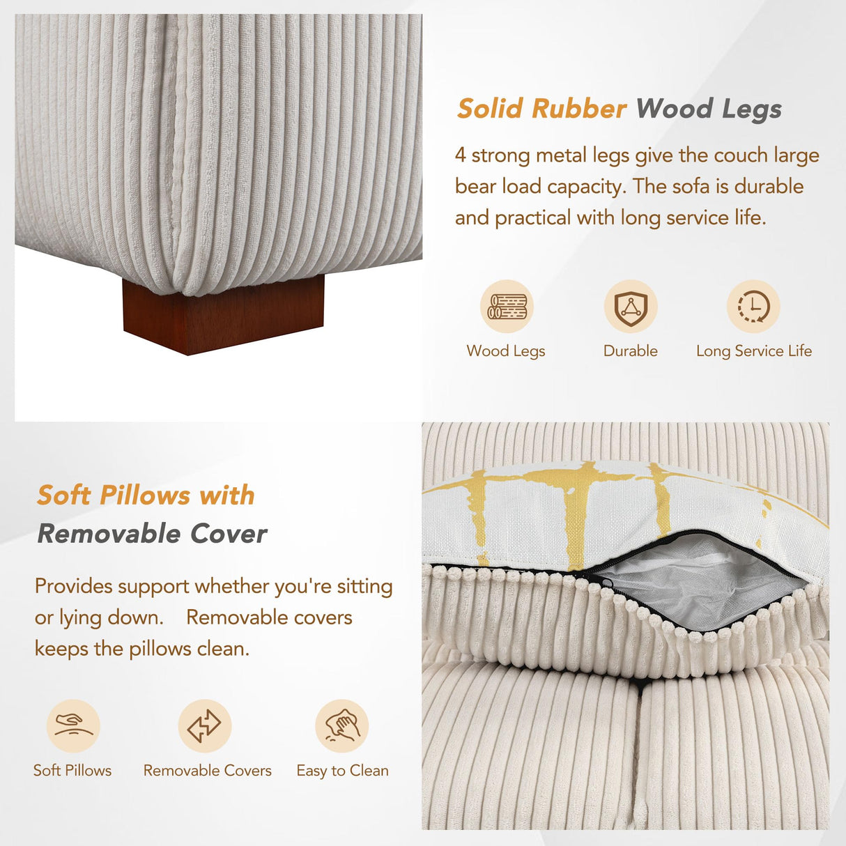 Merax Modern 103.9'' Comfy Couch with 4 Pillows, Corduroy Fabric Sofa for Living Room Bedroom Office Beige Merax