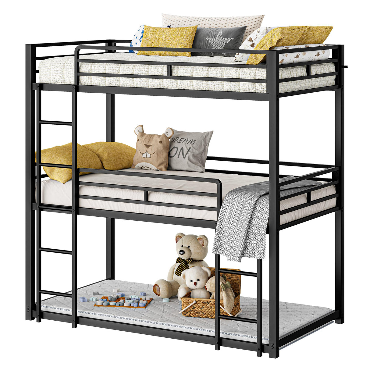 LIKIMIO Bunk Bed, Triple Bunk beds Twin Over Twin Over Twin with 2 Ladders, Metal Frame with Guardrails for Bedroom, No Box Spring Needed LIKIMIO