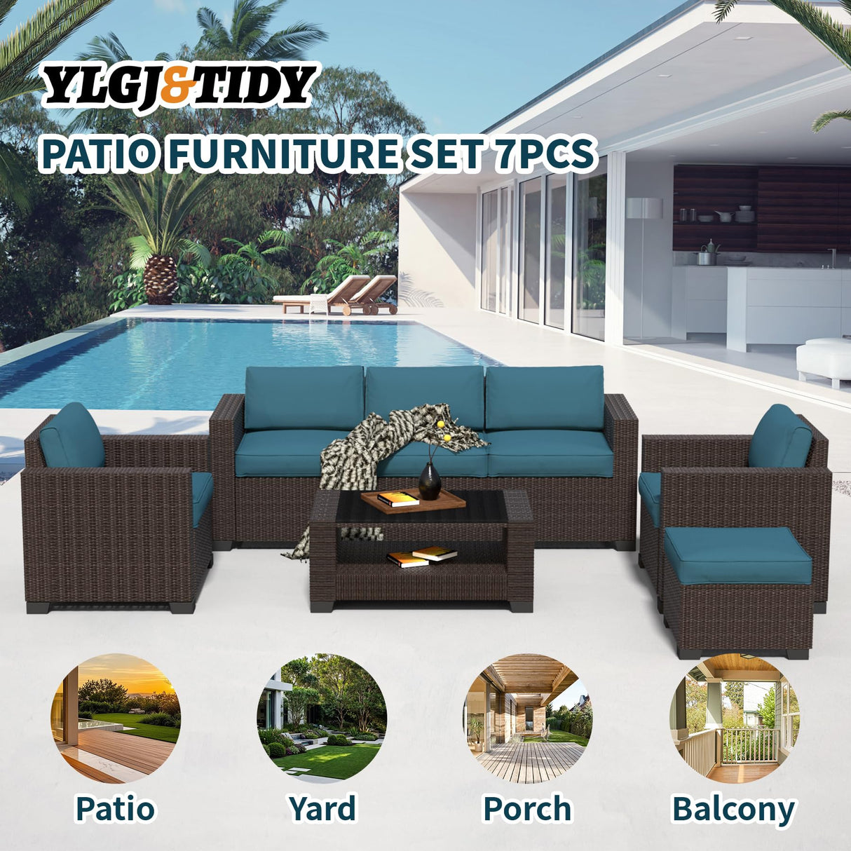 YLGJ&TIDY 7-Piece Outdoor Sectional Patio Furniture Set, All-Weather Wicker Rattan Sofa w/Thick Washable Cushions & Tempered Glass Table, Perfect for Garden, Poolside, Backyard (Brown&Peacock Blue) YLGJ&TIDY