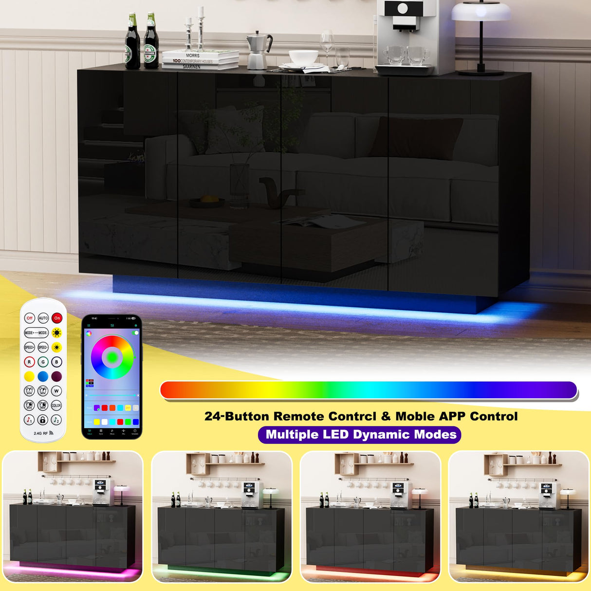 Anbuy Buffet Cabinet with LED Lights Sideboard with Storage Coffee Bar with Charging Station Buffet Cabinet with High Gloss Doors for Kitchen, Bedroom, Living Room (Black LED) Anbuy