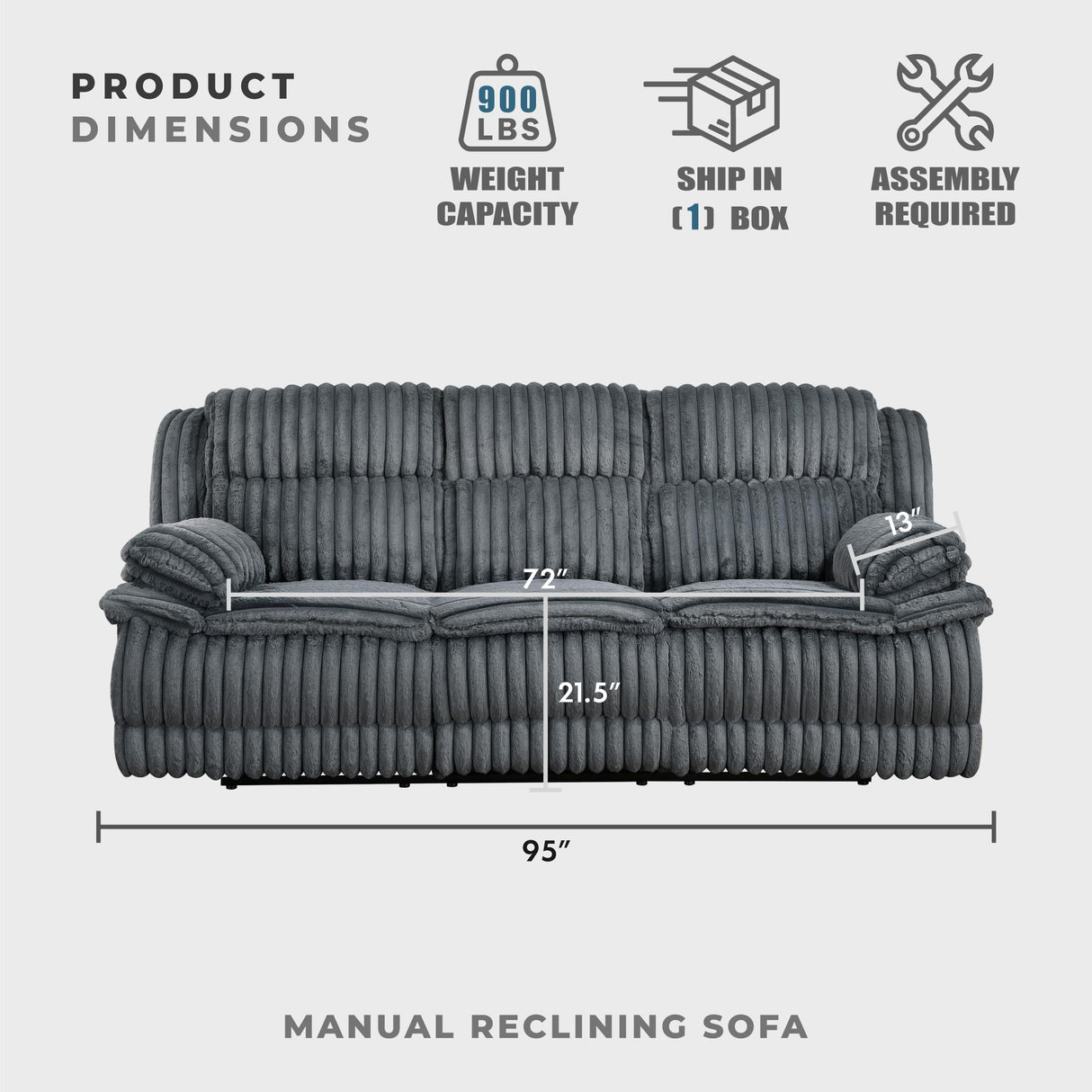 Lexicon Manual Double Reclining Sofa, Corduroy Manual Wall Hugger Recliner Couch, Pillow Top Arms, Plush Foam Cushions Over Pocket Coils, Cozy Reclining Sofa for Living Room, Dark Gray Lexicon