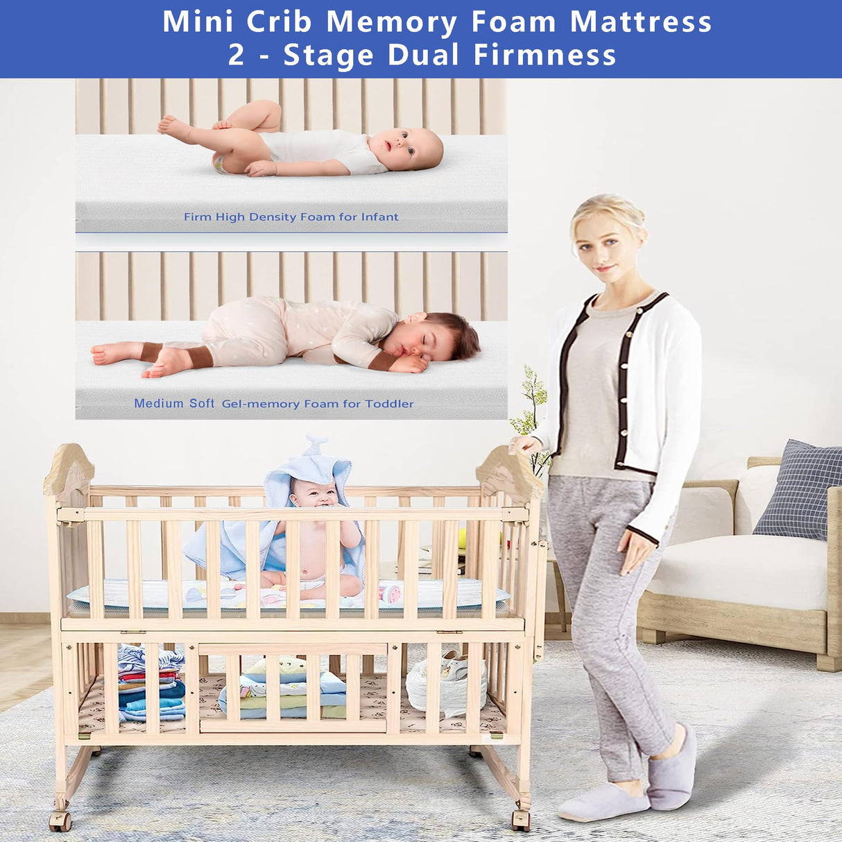 Mini Baby Crib 4 in 1 Convertible with Memory Foam Mattress(38"by 24") Included,cunas para Bebes 2024 Natural Wood Portable Crib with Foldable Storage Baby Playpen, Bassinet Bedside Sleeper,Baby Beds Styhigh