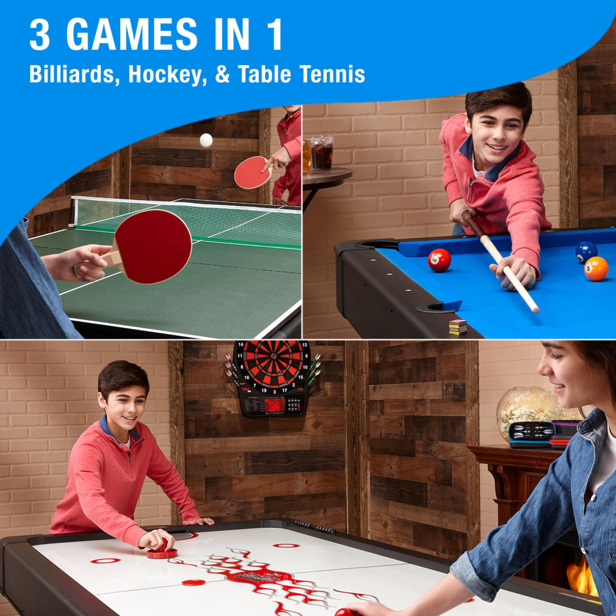 Fat Cat Original 3-in-1 Green 7' Pockey Multi-Game Table - Air Hockey, Billiards and Table Tennis - Blue Fat Cat