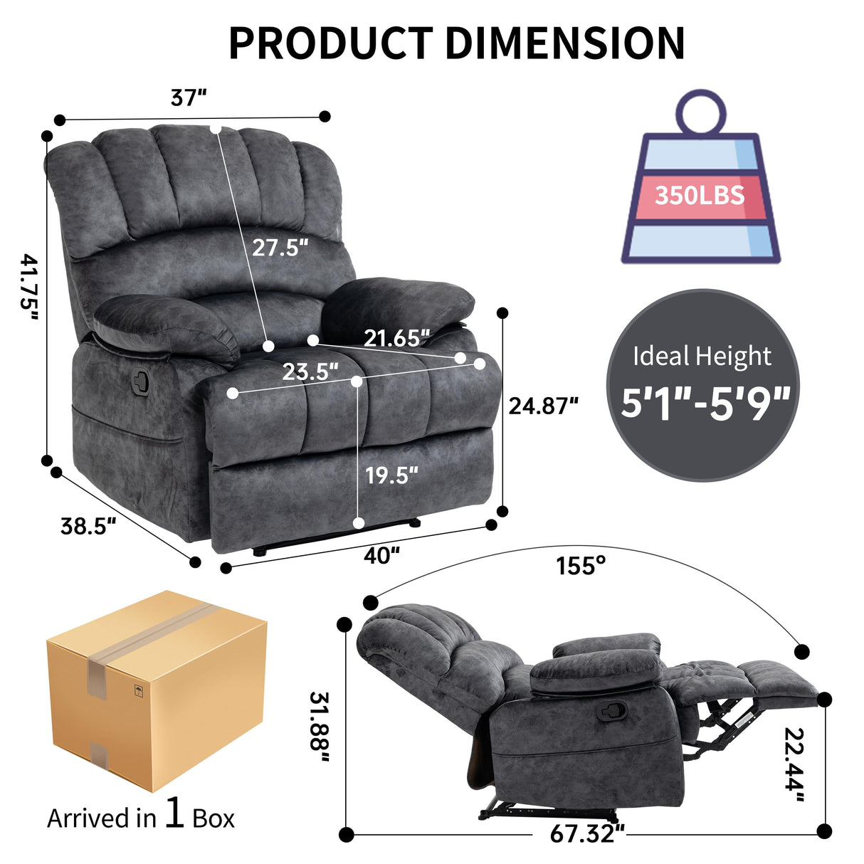 Luxlen Large Manual Recliner Chair,Soft Fabric Push Back Recliner with Overstuffed Armrest and Backrest, Living Room Single Sofa Recliners,Grey Luxlen