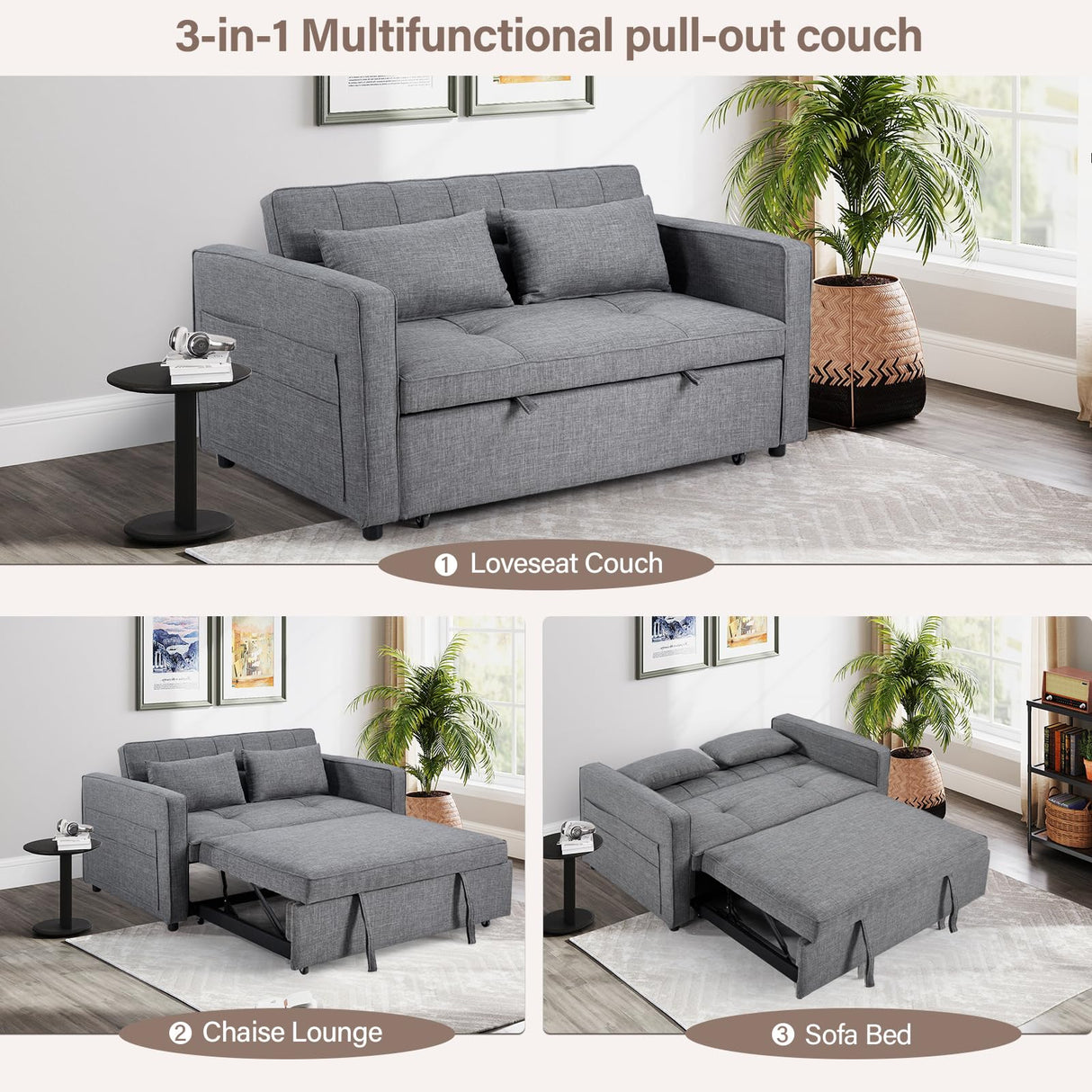 HAOMARKETS 3 in 1 Convertible Sleeper Sofa Bed, Loveseat Chaise Lounge with Pullout Bed, 2-Seater Futon Couches with Storage Pockets, 3-Level Adjustable Backrest and Pillows for Living Room,Grey HAOMARKETS
