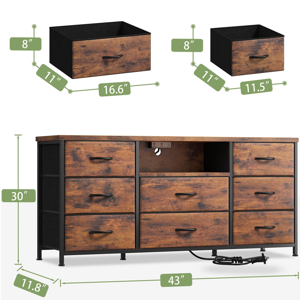 EnHomee Dresser for Bedroom with Power Outlets, 55" TV Stand Dresser with 8 Drawers, Fabric Dressers & Chest of Drawers for Living Room, Entryway, Rustic Brown EnHomee