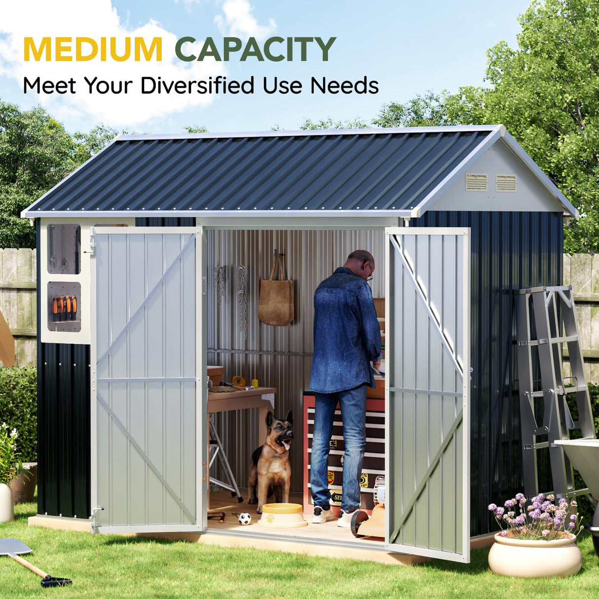 Breezz 6X8FT Outdoor Steel Storage Shed with Clear Window, Lockable Doors, Weather-Resistant Metal Tool Shed for Garden, Backyard, Patio, and Utility Storage.Nightblue BreezZ