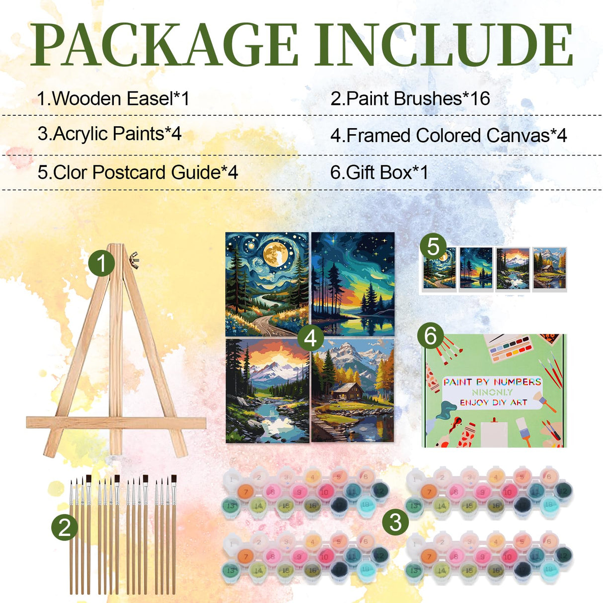 Ninonly 4 Pack Paint by Numbers Kit for Adults, Forest Paint by Number Kit Arts Kits for Beginners with Wooden Easel, Acrylic Painting, Framed Canvas for Gift Home Decor, 9 * 12 Inch Ninonly