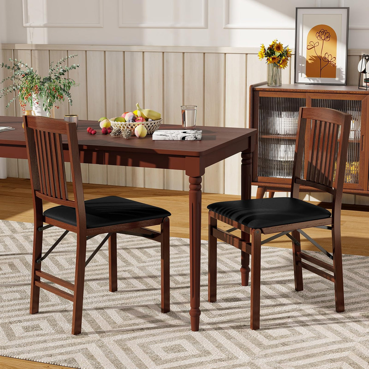 Giantex Folding Dining Chairs Set of 2, Solid Wood Frame, Foldable Wood Kitchen Chairs with Padded Seat, Max Load 400 Lbs, No Assembly, Armless Side Chairs for Apartment Dining Room, Brown & Black Giantex